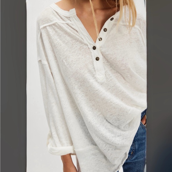 We The Free Cotton Linen Henley Long Sleeve Tee medium ivory white new - Picture 3 of 10